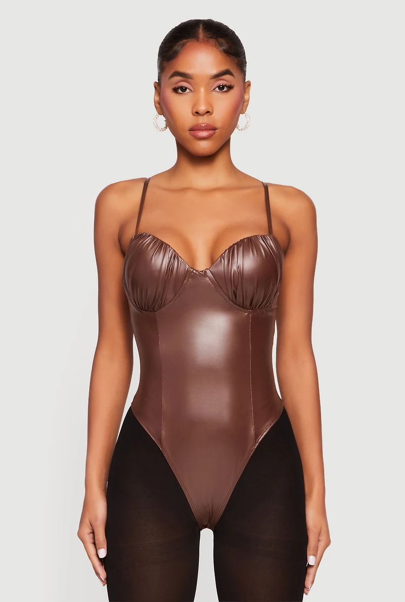 Leather Look Ruched Bustier Bodysuit