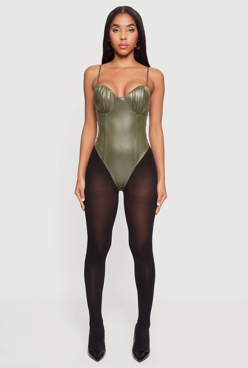 Leather Look Ruched Bustier Bodysuit