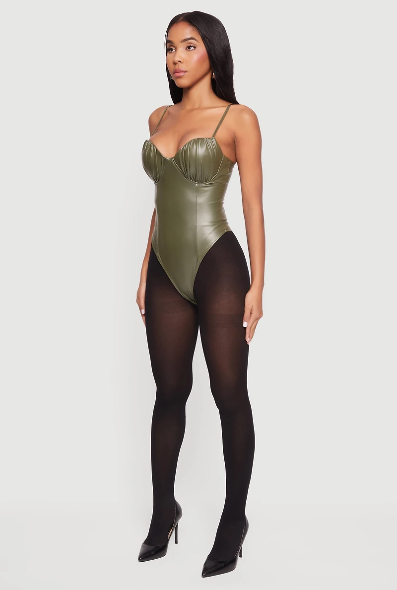 Leather Look Ruched Bustier Bodysuit