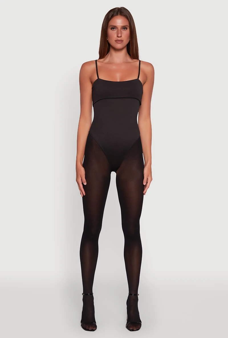 Womens Fold Over Spaghetti Strap Bodysuit, Black, Size S
