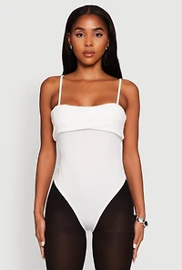 Womens Fold Over Spaghetti Strap Bodysuit, White, Size M
