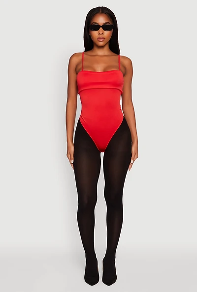 Womens Fold Over Spaghetti Strap Bodysuit, Red, Size S