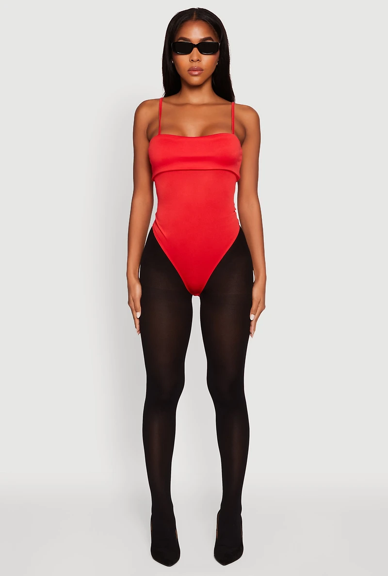 Womens Fold Over Spaghetti Strap Bodysuit, Red, Size S