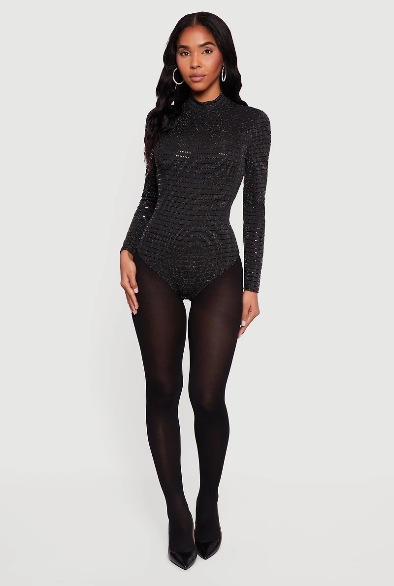 Foiled Lurex Long Sleeve Mock Neck Bodysuit