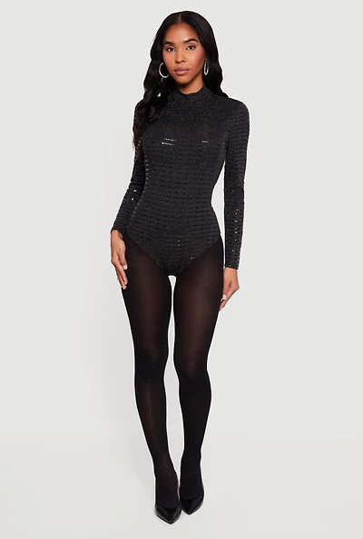 Foiled Lurex Long Sleeve Mock Neck Bodysuit