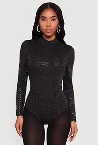 Foiled Lurex Long Sleeve Mock Neck Bodysuit