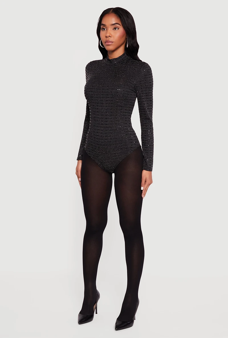 Womens Foiled Lurex Long Sleeve Mock Neck Bodysuit, Black, Size L