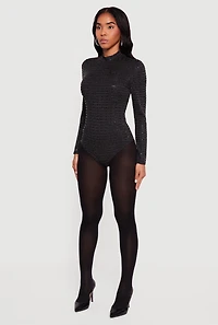 Womens Foiled Lurex Long Sleeve Mock Neck Bodysuit, Black, Size L