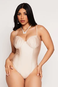 Womens Ruched Padded Bustier Bodysuit, Beige, Size M
