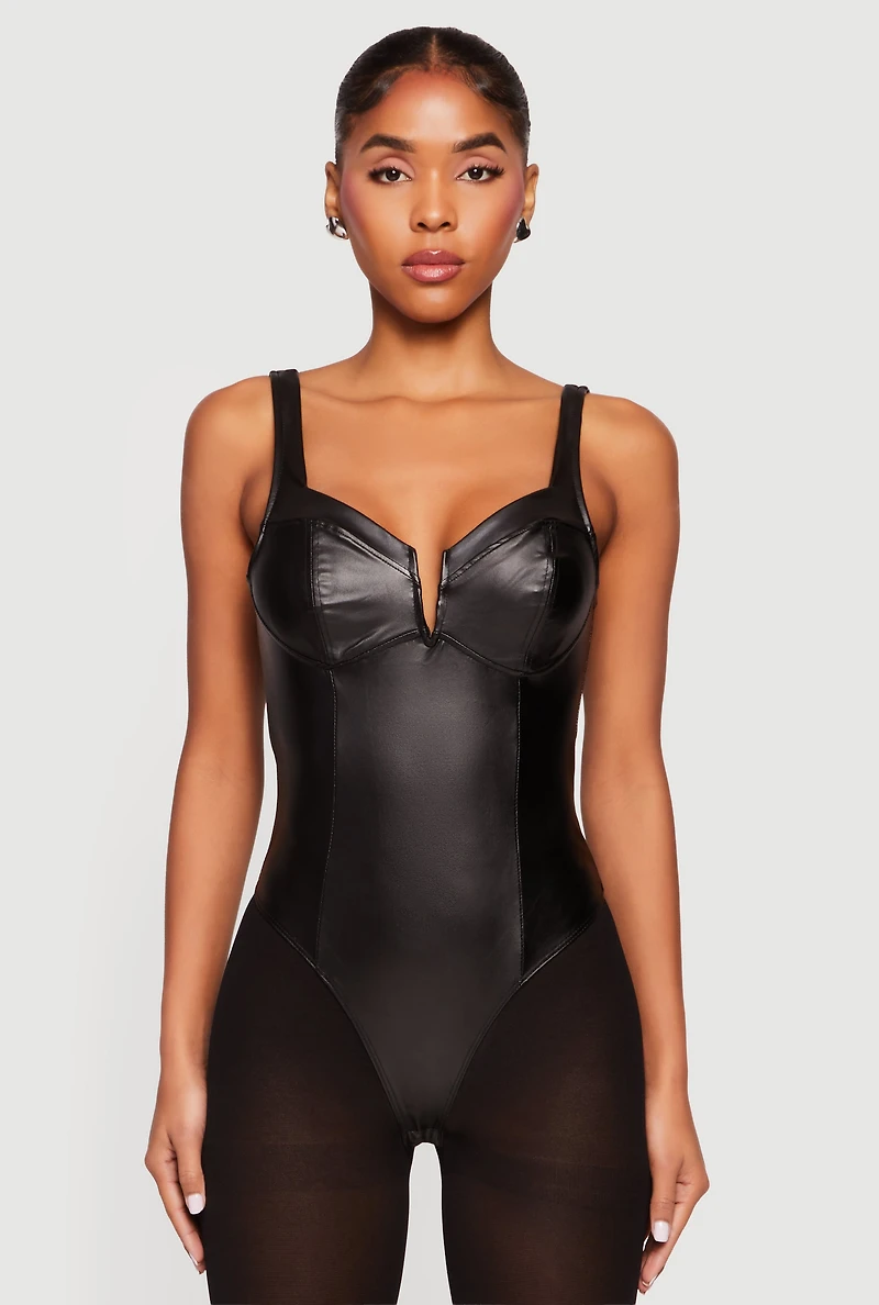Leather Look Sleeveless Bustier Bodysuit