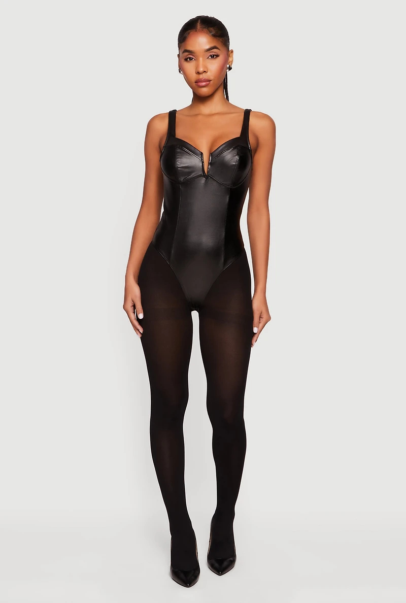 Leather Look Sleeveless Bustier Bodysuit