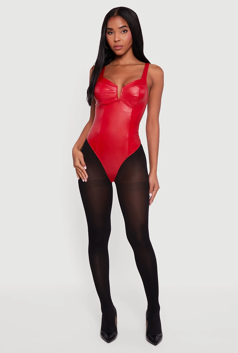 Womens Leather Look Sleeveless Bustier Bodysuit, Red,