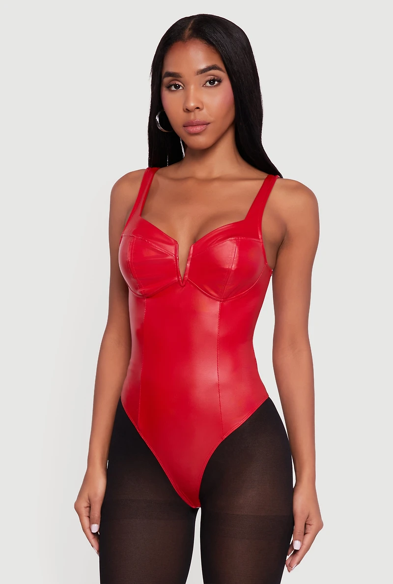 Womens Leather Look Sleeveless Bustier Bodysuit, Red,