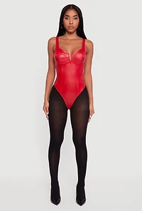 Womens Leather Look Sleeveless Bustier Bodysuit, Red,