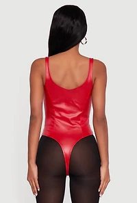 Womens Leather Look Sleeveless Bustier Bodysuit, Red,