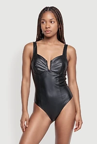 Faux Leather Notch Neck Bustier Bodysuit