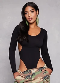 Womens Solid Cut Out Detail Long Sleeve Bodysuit,