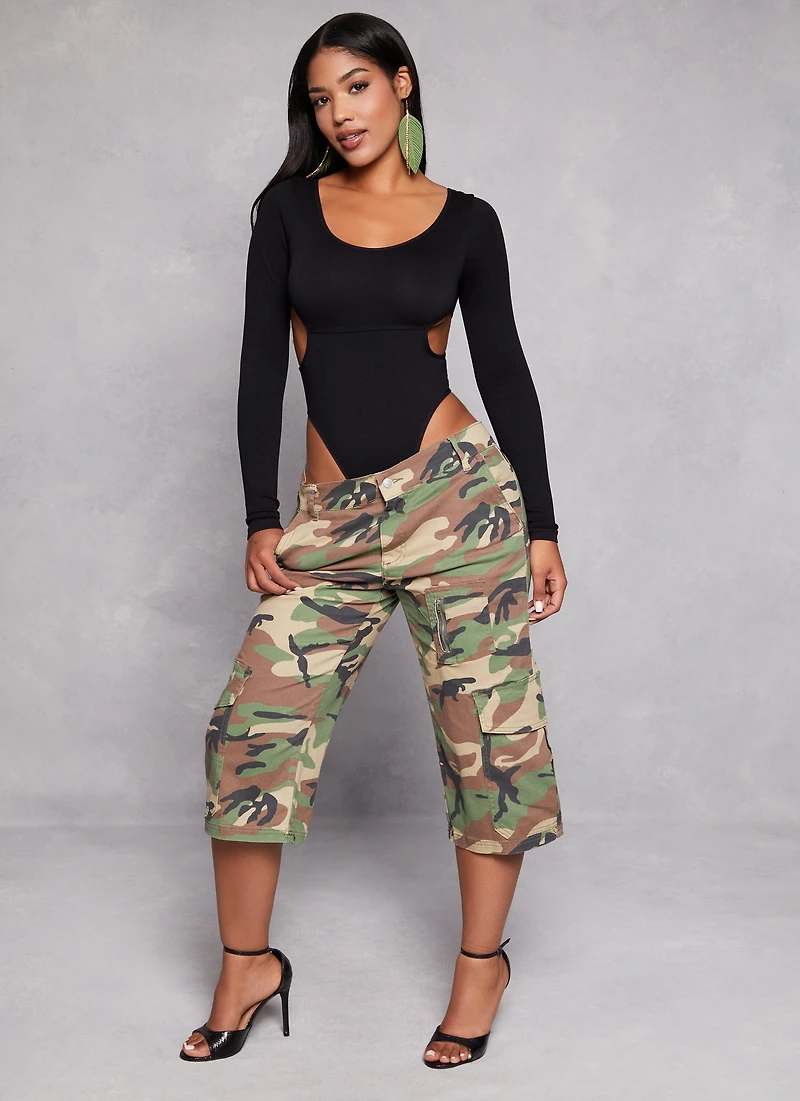 Womens Solid Cut Out Detail Long Sleeve Bodysuit,