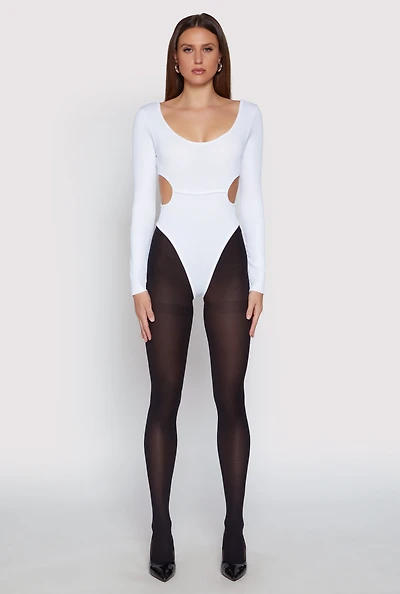 Womens Solid Cut Out Detail Long Sleeve Bodysuit, White,