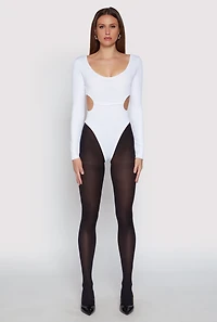 Womens Solid Cut Out Detail Long Sleeve Bodysuit, White,
