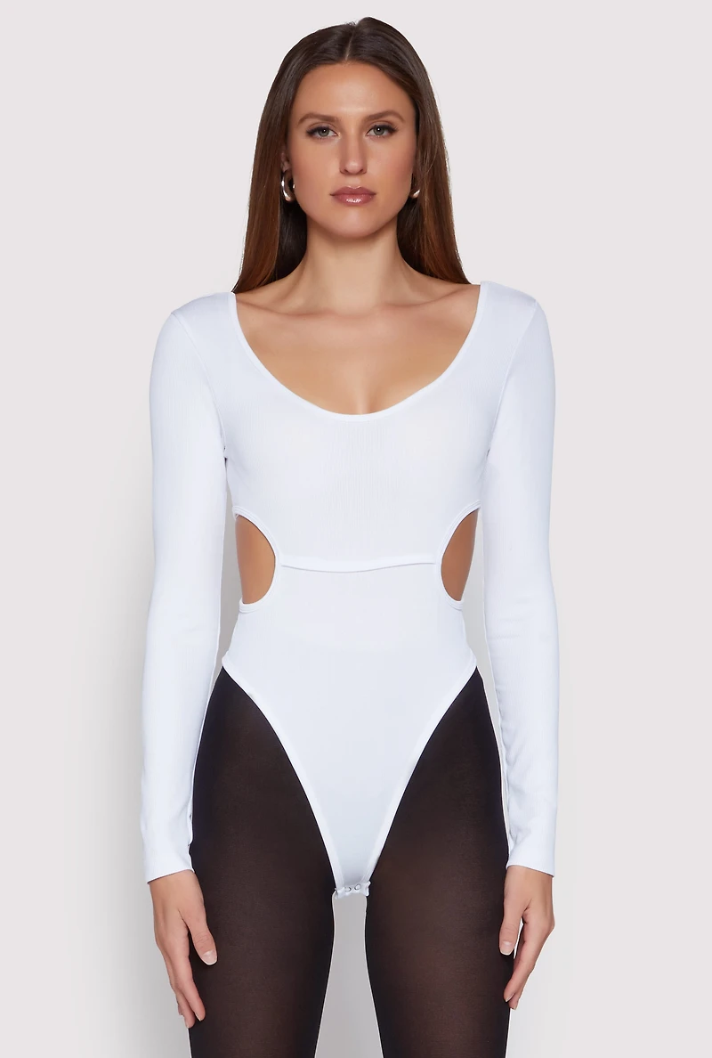 Womens Solid Cut Out Detail Long Sleeve Bodysuit, White,