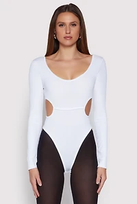 Womens Solid Cut Out Detail Long Sleeve Bodysuit, White,