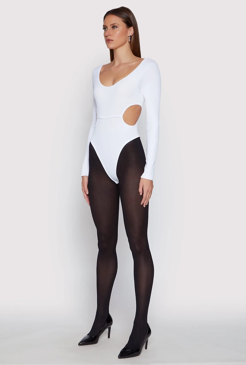 Womens Solid Cut Out Detail Long Sleeve Bodysuit, White,