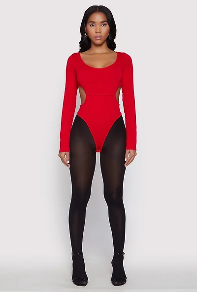 Womens Solid Cut Out Detail Long Sleeve Bodysuit, Red,