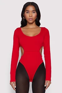 Womens Solid Cut Out Detail Long Sleeve Bodysuit, Red, Size S
