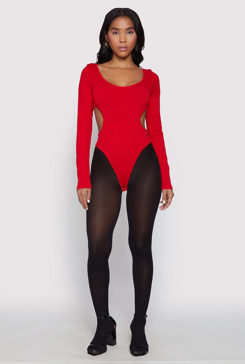 Womens Solid Cut Out Detail Long Sleeve Bodysuit, Red,
