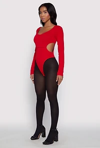 Womens Solid Cut Out Detail Long Sleeve Bodysuit, Red,