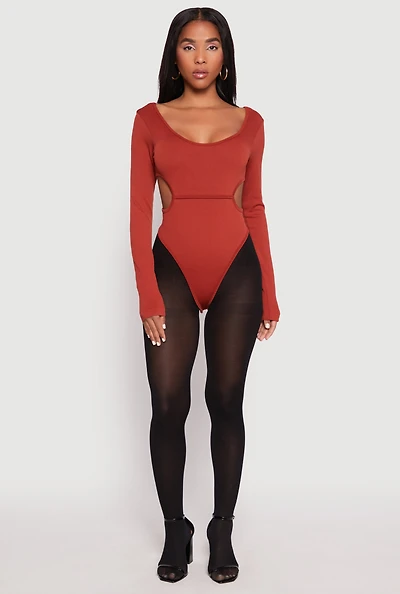Womens Solid Cut Out Detail Long Sleeve Bodysuit,