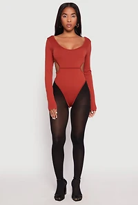 Womens Solid Cut Out Detail Long Sleeve Bodysuit,