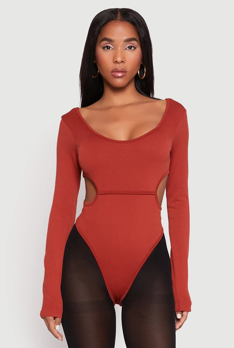 Womens Solid Cut Out Detail Long Sleeve Bodysuit,