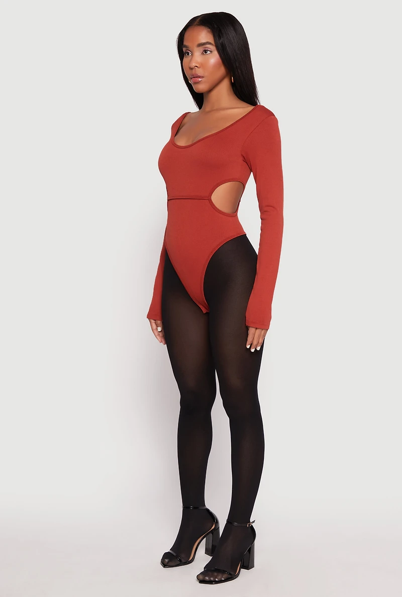 Womens Solid Cut Out Detail Long Sleeve Bodysuit,