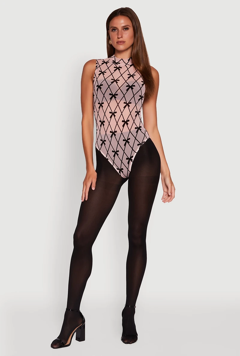 Womens Sleeveless Mock Neck Velvet Burnout Patterned Mesh Bodysuit, Multi, Size S