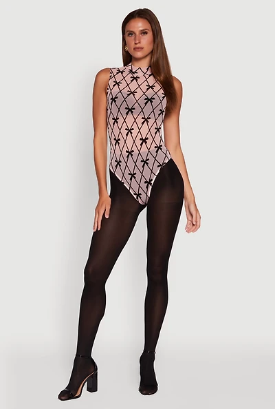 Womens Sleeveless Mock Neck Velvet Burnout Patterned Mesh Bodysuit, Multi,