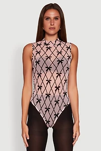 Womens Sleeveless Mock Neck Velvet Burnout Patterned Mesh Bodysuit, Multi, Size S