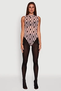 Womens Sleeveless Mock Neck Velvet Burnout Patterned Mesh Bodysuit, Multi, Size S