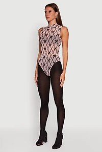 Womens Sleeveless Mock Neck Velvet Burnout Patterned Mesh Bodysuit, Multi,