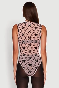 Womens Sleeveless Mock Neck Velvet Burnout Patterned Mesh Bodysuit, Multi,