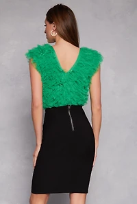 Womens Ruffled Tulle Bodysuit, Green, Size M