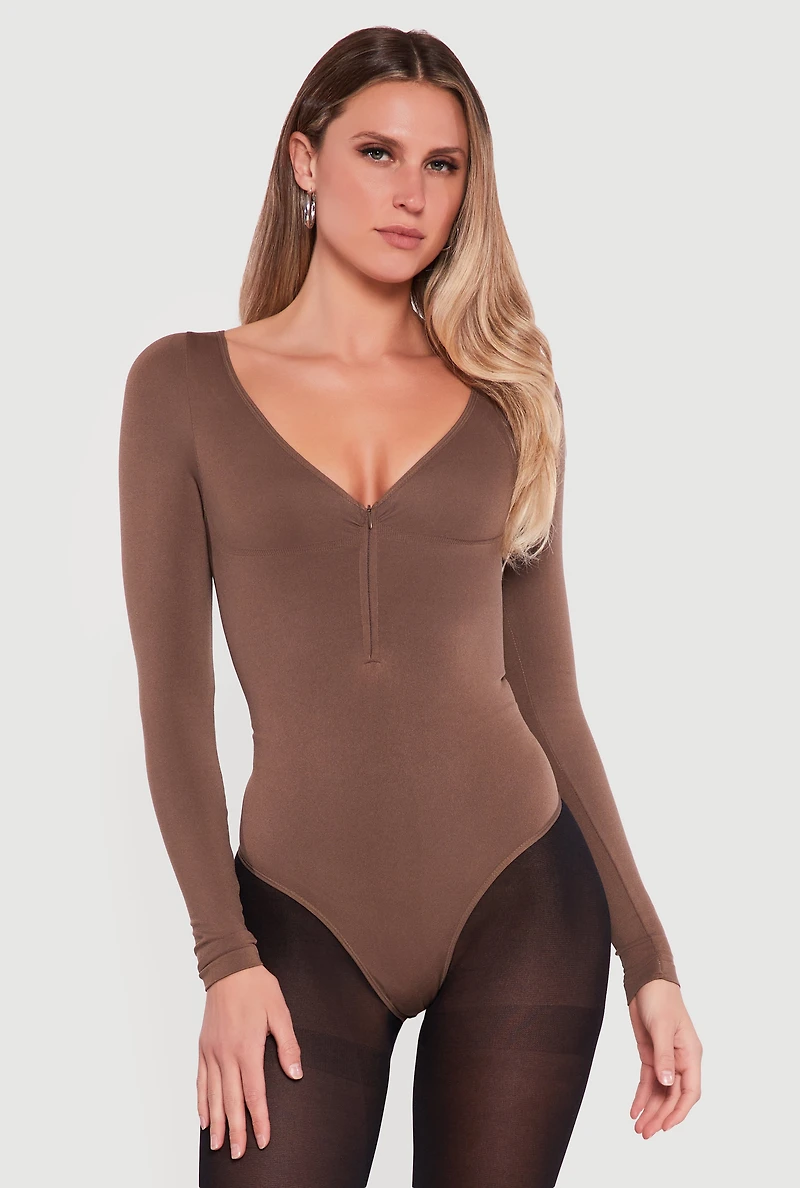 Long Sleeve V-Neck Half Zip Bodysuit