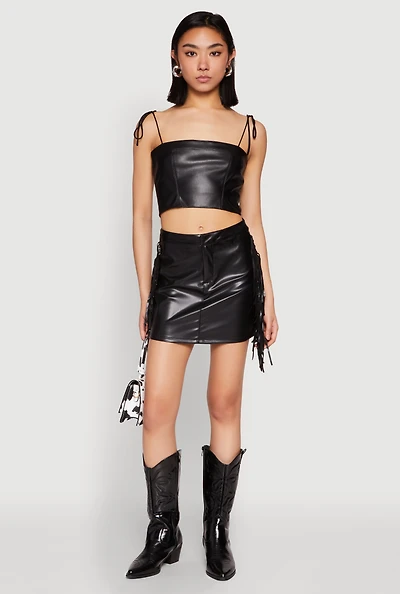 Womens Side Fringe Faux Leather Mini Skirt, Black,