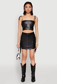 Womens Side Fringe Faux Leather Mini Skirt, Black, Size L