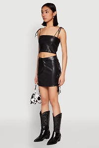 Womens Side Fringe Faux Leather Mini Skirt, Black, Size S