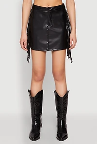 Side Fringe Faux Leather Mini Skirt