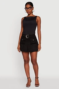 Faux Suede Pleated Cargo Skirt with Western Buckle Belt