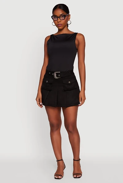 Faux Suede Pleated Cargo Skirt with Western Buckle Belt