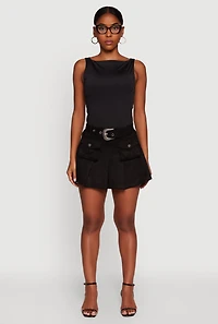 Womens Faux Suede Pleated Cargo Skirt with Western Buckle Belt,
